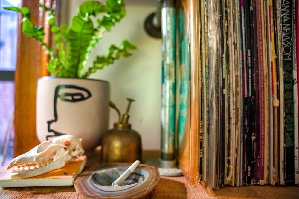 records in a stack on table